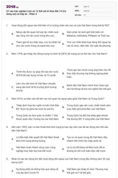 67 câu trắc nghiệm Lịch sử 12 Kết nối tri thức Bài 14 (Có đúng sai) có đáp án - Phần 3