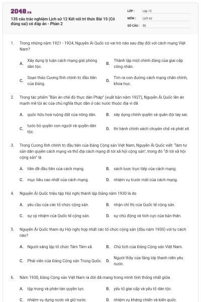 135 câu trắc nghiệm Lịch sử 12 Kết nối tri thức Bài 15 (Có đúng sai) có đáp án - Phần 2