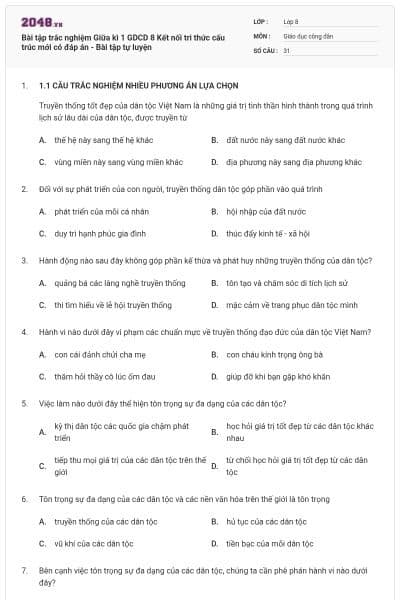 Bài tập trắc nghiệm Giữa kì 1 GDCD 8 Kết nối tri thức cấu trúc mới có đáp án - Bài tập tự luyện