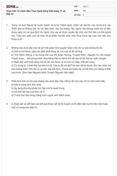 Soạn Văn 12 Cánh diều Thực hành tiếng Việt trang 71 có đáp án