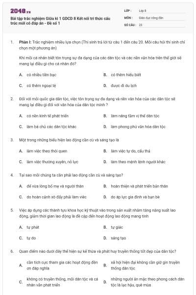 Bài tập trắc nghiệm Giữa kì 1 GDCD 8 Kết nối tri thức cấu trúc mới có đáp án - Đề số 1