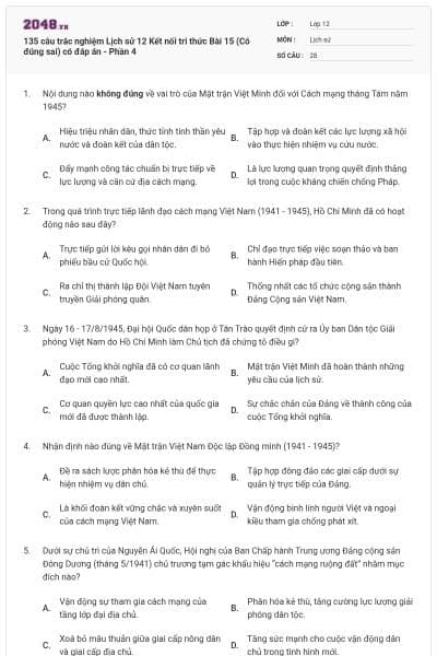 135 câu trắc nghiệm Lịch sử 12 Kết nối tri thức Bài 15 (Có đúng sai) có đáp án - Phần 4