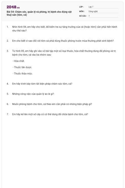 Bài 54: Chăm sóc, quản lý và phòng, trị bệnh cho động vật thuỷ sản (tôm, cá)