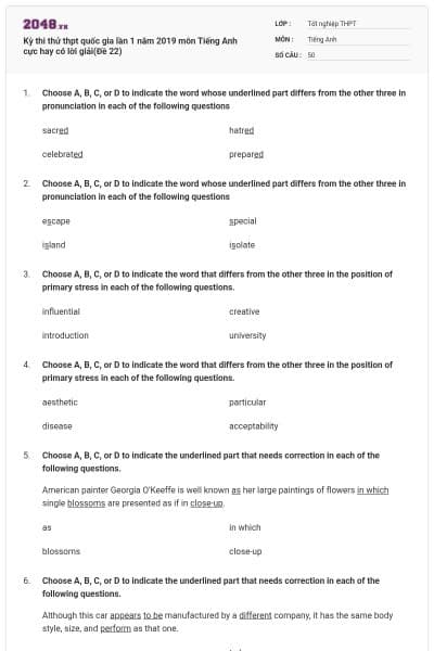 Kỳ thi thử thpt quốc gia lần 1 năm 2019 môn Tiếng Anh cực hay có lời giải(Đề 22)