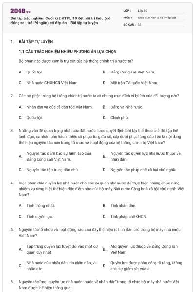Bài tập trắc nghiệm Cuối kì 2 KTPL 10 Kết nối tri thức (có đúng sai, trả lời ngắn) có đáp án - Bài tập tự luyện