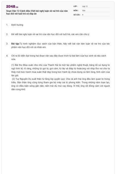 Soạn Văn 12 Cánh diều Viết bài nghị luận về vai trò của văn học đối với tuổi trẻ có đáp án