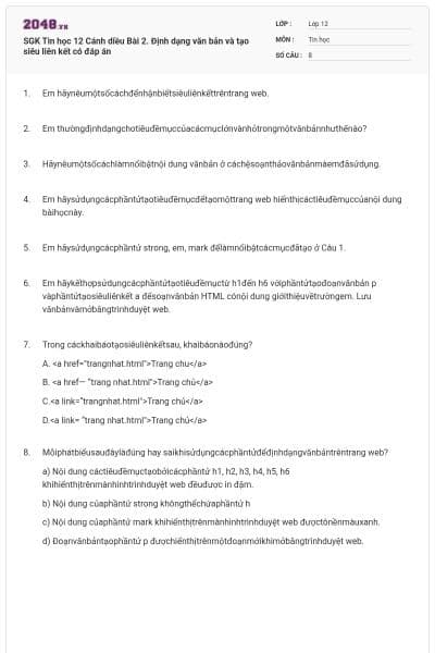 SGK Tin học 12 Cánh diều Bài 2. Định dạng văn bản và tạo siêu liên kết có đáp án