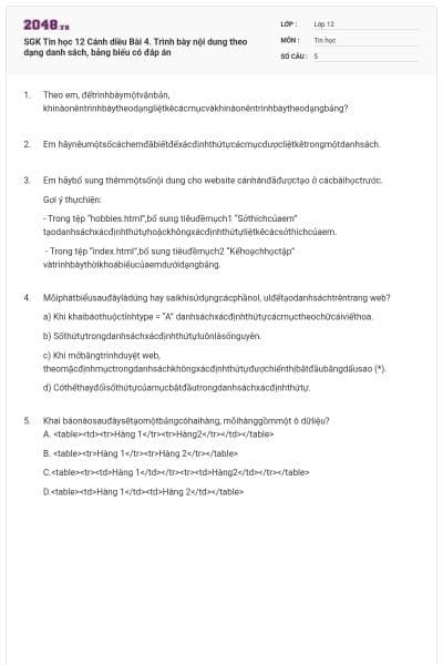 SGK Tin học 12 Cánh diều Bài 4. Trình bày nội dung theo dạng danh sách, bảng biểu có đáp án