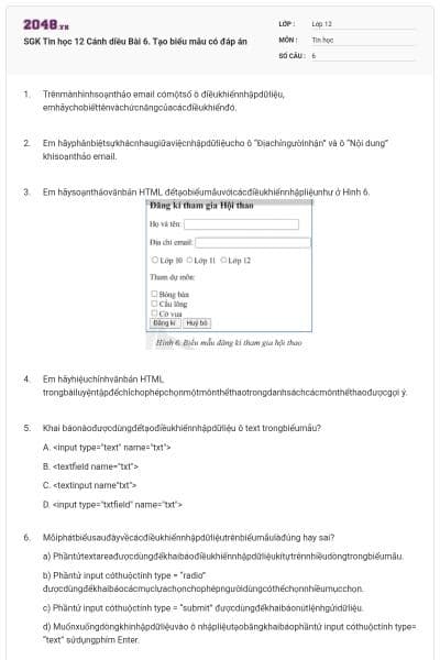SGK Tin học 12 Cánh diều Bài 6. Tạo biểu mẫu có đáp án
