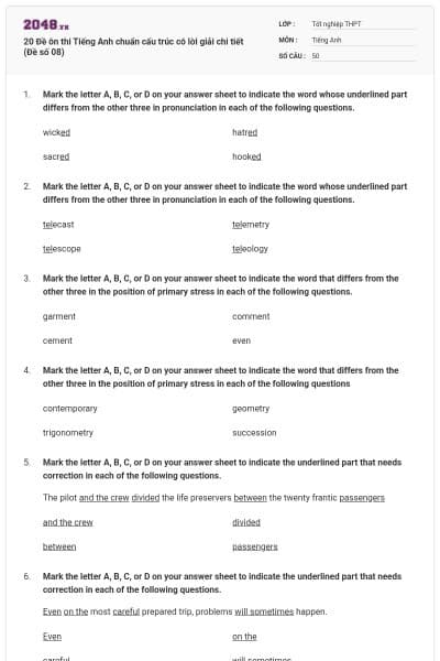 20 Đề ôn thi Tiếng Anh chuẩn cấu trúc có lời giải chi tiết (Đề số 08)