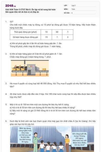 Giải SGK Toán 5 CTST Bài 8. Ôn tập và bổ sung bài toán liên quan đến rút về đơn vị có đáp án