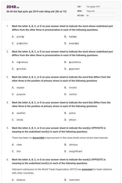 Đề thi thử thpt quốc gia 2019 môn tiếng anh (Đề số 15)