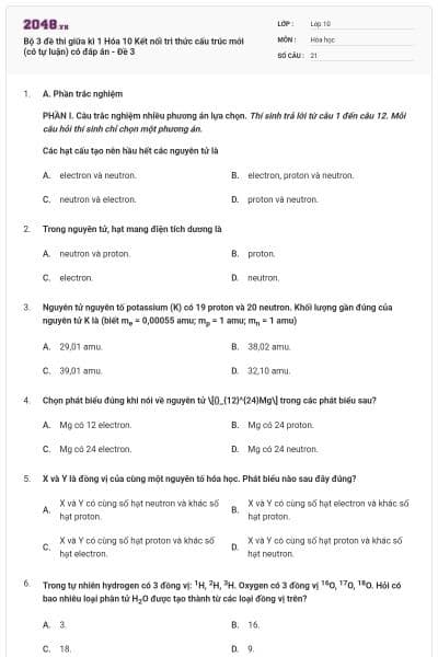 Bộ 3 đề thi giữa kì 1 Hóa 10 Kết nối tri thức cấu trúc mới (có tự luận) có đáp án - Đề 3