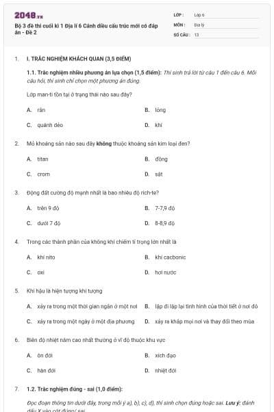Bộ 3 đề thi cuối kì 1 Địa lí 6 Cánh diều cấu trúc mới có đáp án - Đề 2