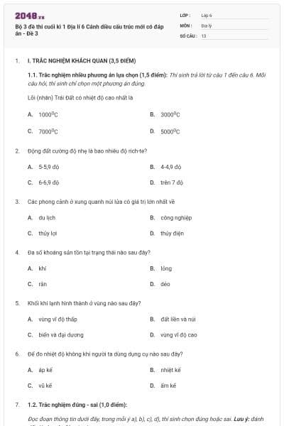 Bộ 3 đề thi cuối kì 1 Địa lí 6 Cánh diều cấu trúc mới có đáp án - Đề 3