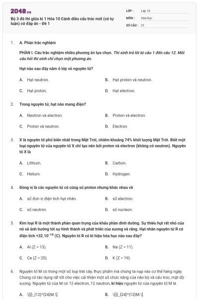 Bộ 3 đề thi giữa kì 1 Hóa 10 Cánh diều cấu trúc mới (có tự luận) có đáp án - Đề 1