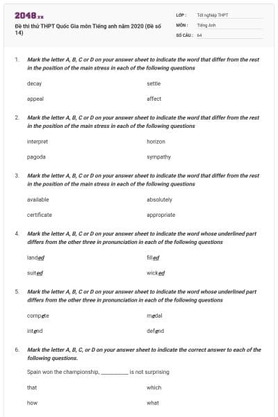 Đề thi thử THPT Quốc Gia môn Tiếng anh năm 2020 (Đề số 14)