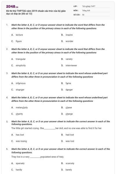 Đề thi thử THPTQG năm 2019 chuẩn cấu trúc của bộ giáo dục có đáp án (Đề số 13)