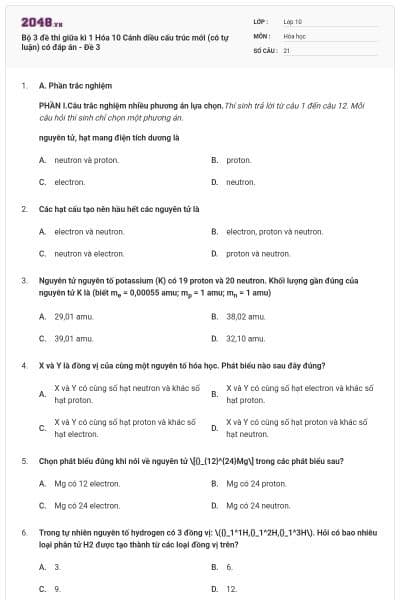 Bộ 3 đề thi giữa kì 1 Hóa 10 Cánh diều cấu trúc mới (có tự luận) có đáp án - Đề 3