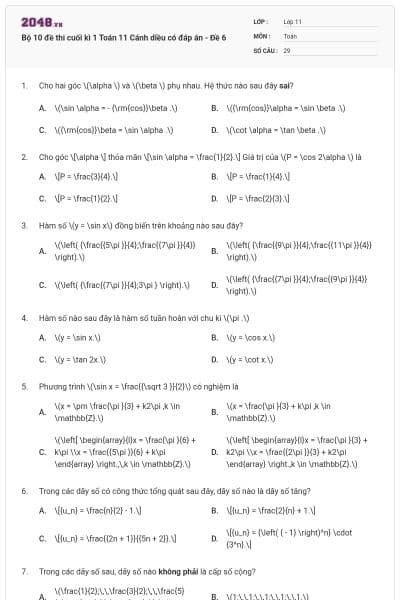 Bộ 10 đề thi cuối kì 1 Toán 11 Cánh diều có đáp án - Đề 6
