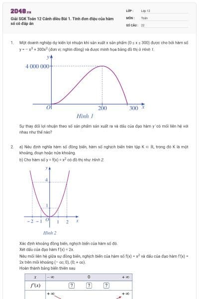 Giải SGK Toán 12 Cánh diều Bài 1. Tính đơn điệu của hàm số có đáp án
