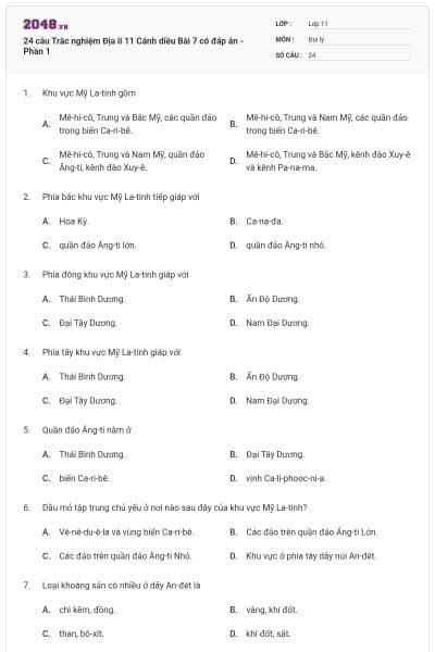 24 câu Trắc nghiệm Địa lí 11 Cánh diều Bài 7 có đáp án - Phần 1