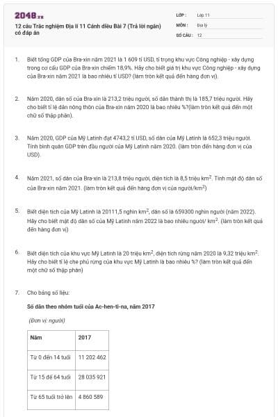 12 câu Trắc nghiệm Địa lí 11 Cánh diều Bài 7 (Trả lời ngắn) có đáp án