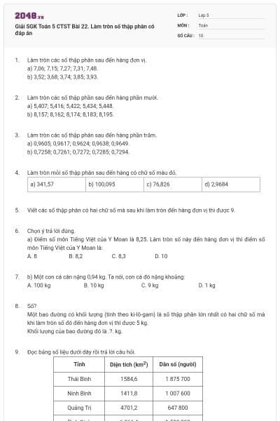 Giải SGK Toán 5 CTST Bài 22. Làm tròn số thập phân có đáp án