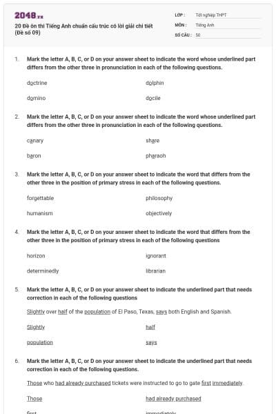 20 Đề ôn thi Tiếng Anh chuẩn cấu trúc có lời giải chi tiết (Đề số 09)