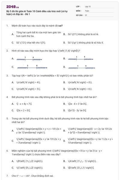 Bộ 5 đề thi giữa kì Toán 10 Cánh diều cấu trúc mới (có tự luận) có đáp án - Đề 1