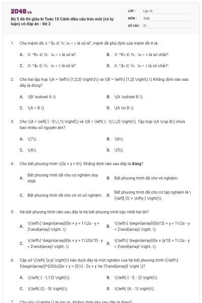 Bộ 5 đề thi giữa kì Toán 10 Cánh diều cấu trúc mới (có tự luận) có đáp án - Đề 2