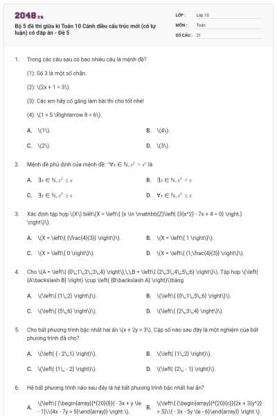 Bộ 5 đề thi giữa kì Toán 10 Cánh diều cấu trúc mới (có tự luận) có đáp án - Đề 5