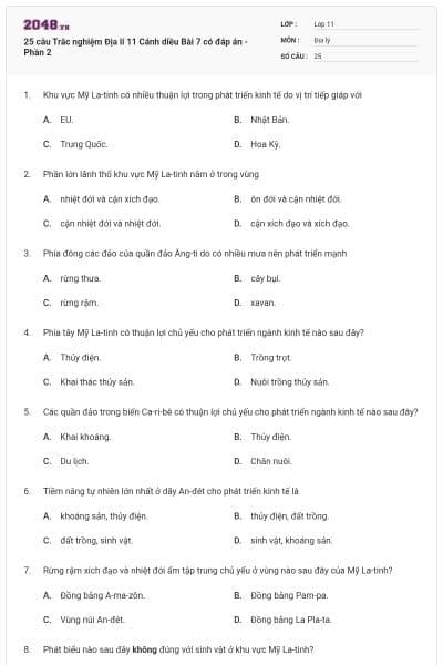 25 câu Trắc nghiệm Địa lí 11 Cánh diều Bài 7 có đáp án - Phần 2