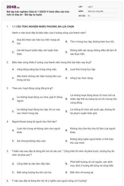 Bài tập trắc nghiệm Giữa kì 1 GDCD 9 Cánh diều cấu trúc mới có đáp án - Bài tập tự luyện