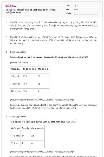 13 câu Trắc nghiệm Địa lí 11 Cánh diều Bài 11 (Trả lời ngắn) có đáp án
