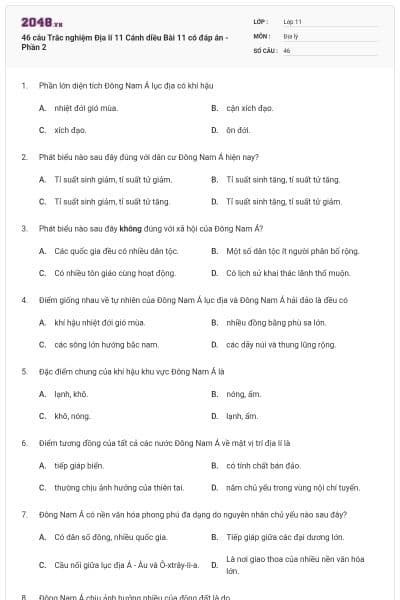 46 câu Trắc nghiệm Địa lí 11 Cánh diều Bài 11 có đáp án - Phần 2