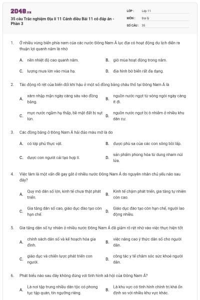 35 câu Trắc nghiệm Địa lí 11 Cánh diều Bài 11 có đáp án - Phần 3