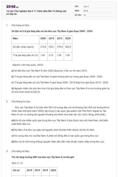16 câu Trắc nghiệm Địa lí 11 Cánh diều Bài 14 (Đúng sai) có đáp án