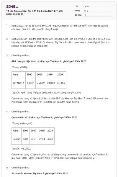14 câu Trắc nghiệm Địa lí 11 Cánh diều Bài 14 (Trả lời ngắn) có đáp án