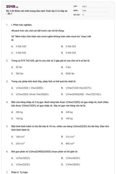 Bộ 3 đề Khảo sát chất lượng đầu năm Toán lớp 5 có đáp án - Đề 1