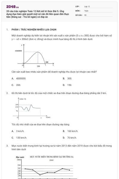 20 câu trắc nghiệm Toán 12 Kết nối tri thức Bài 5. Ứng dụng đạo hàm giải quyết một số vấn đề liên quan đến thực tiễn (Đúng sai - Trả lời ngắn) có đáp án
