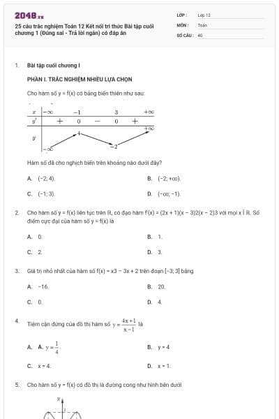 25 câu trắc nghiệm Toán 12 Kết nối tri thức Bài tập cuối chương 1 (Đúng sai - Trả lời ngắn) có đáp án