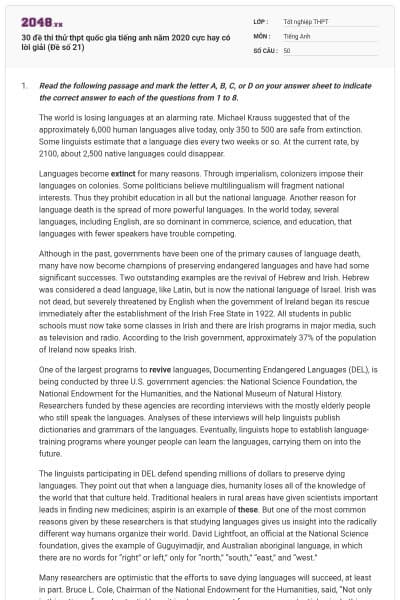 30 đề thi thử thpt quốc gia tiếng anh năm 2020 cực hay có lời giải (Đề số 21)