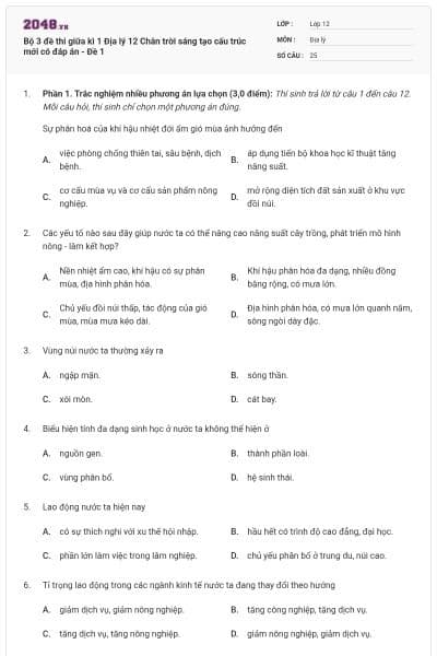 Bộ 3 đề thi giữa kì 1 Địa lý 12 Chân trời sáng tạo cấu trúc mới có đáp án - Đề 1