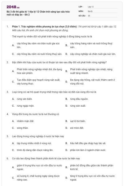 Bộ 3 đề thi giữa kì 1 Địa lý 12 Chân trời sáng tạo cấu trúc mới có đáp án - Đề 2