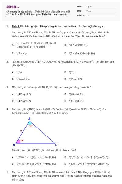 Đề cương ôn tập giữa kì 1 Toán 10 Cánh diều cấu trúc mới có đáp án - Bài 2: Giải tam giác. Tính diện tích tam giác