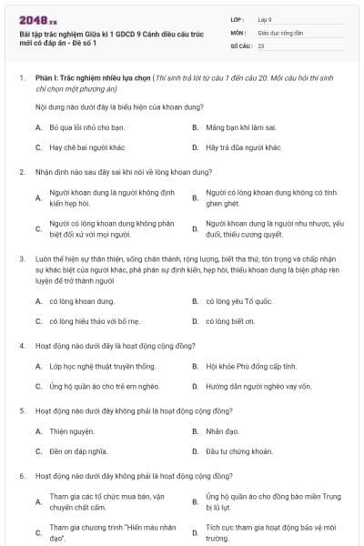 Bài tập trắc nghiệm Giữa kì 1 GDCD 9 Cánh diều cấu trúc mới có đáp án - Đề số 1