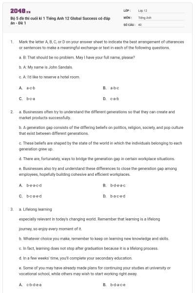 Bộ 5 đề thi cuối kì 1 Tiếng Anh 12 Global Success có đáp án - Đề 1