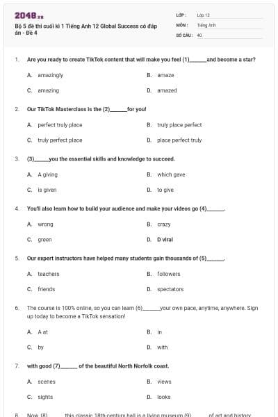 Bộ 5 đề thi cuối kì 1 Tiếng Anh 12 Global Success có đáp án - Đề 4