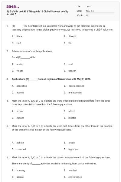 Bộ 5 đề thi cuối kì 1 Tiếng Anh 12 Global Success có đáp án - Đề 5